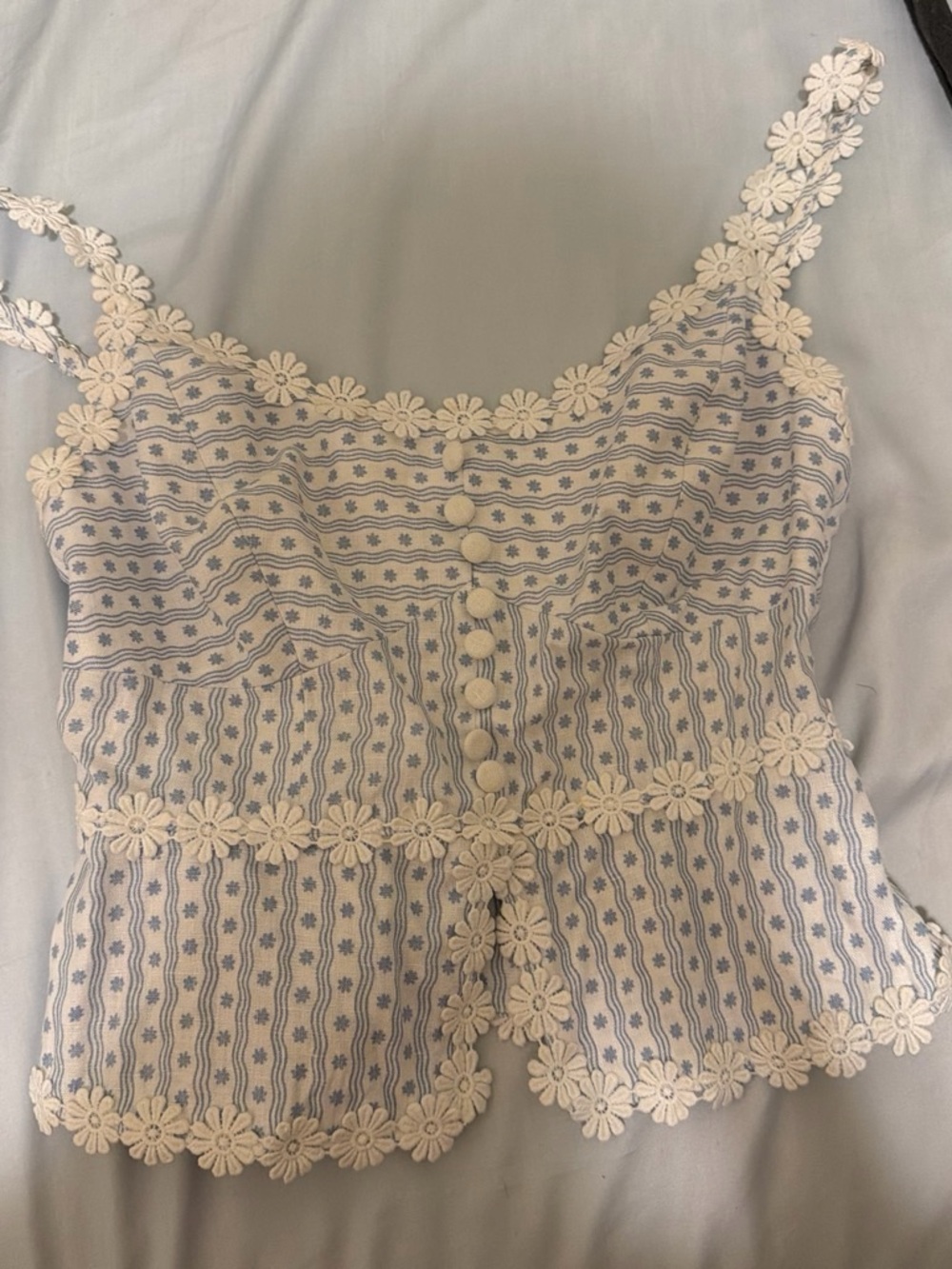 Reformation Blue and White Daisy-Trim Button Cami
